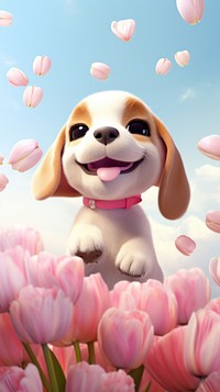 Chubby happy beagle with tulips animal medication outdoors.
