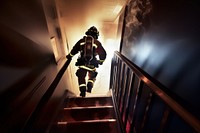 Firefighter running up the stairs building helmet fire.