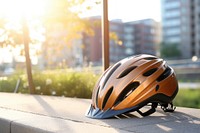 A helmet on the bike crash helmet.