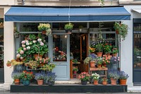 A front view of a modern and elegant flower shop blossom plant flower arrangement.