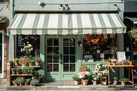 A front view of a olive green modern and elegant flower shop awning electronics furniture.