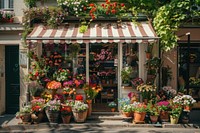 A front view of an elegant flower shop awning accessories accessory.