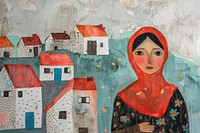 Palestinian woman holding home art painting person.