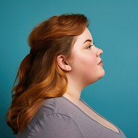 Chubby girl side portrait profile adult contemplation hairstyle.