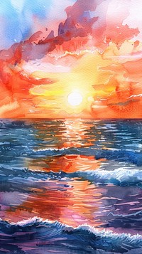 Sunset on the ocean water painting outdoors.