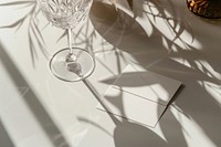 White business cards glass table wine.