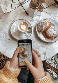 A Phone held taking pictures coffee phone plate.