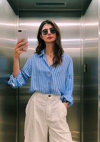 A woman taking a social media selfie elevator phone pants.