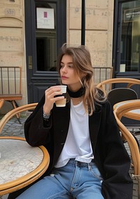 French woman sitting furniture clothing.