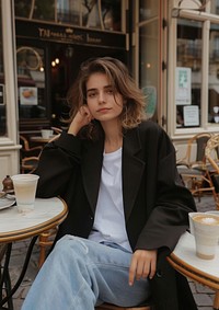 French woman sitting furniture clothing.