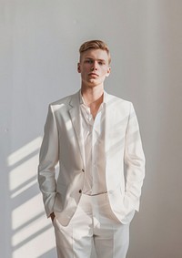 Elegant wedding groom suit blonde clothing apparel.