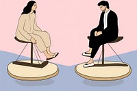 A balanced scale with man and woman sitting on each side furniture clothing footwear.