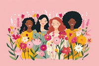Happy diverse women flower art illustrated.