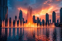 Singing fountains in Dubai architecture landscape panoramic.