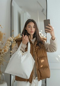Woman holding a white tote bag selfie accessories accessory.