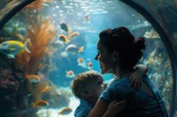 Mother and child look at fish at the underwater tunnel photography aquarium portrait.