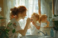 Mother and child brushing teeth in front of the mirror toothbrush device person.