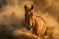 Brown horse in dust stallion animal mammal.