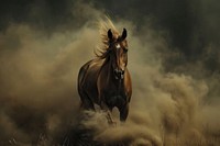 Brown horse in dust stallion outdoors animal.