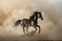 Brown horse rearing in light smoke stallion animal mammal.