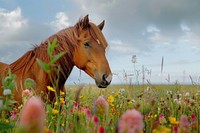 Red horse with long mane in flower field countryside grassland outdoors.