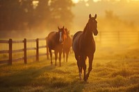 Thoroughbred horses walking in a field outdoors animal mammal.