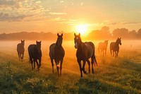 Thoroughbred horses walking in a field recreation grassland outdoors.