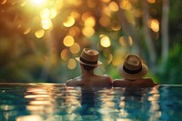 Young couple traveler relaxing and enjoying a tropical resort pool recreation clothing swimming.