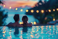 Young couple traveler relaxing and enjoying a tropical resort pool recreation swimming vacation.