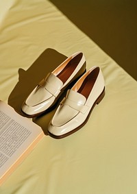 White cream loafers shoe clothing footwear apparel.