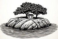 Ink drawing island architecture illustrated countryside.