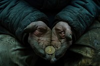 Close-up into a poor hands and a penny in a poverty-stricken atmosphere clothing apparel person.