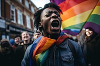 LGBTQ of different races in street and shouting demands clothing apparel person.
