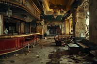 The atmosphere of a luxurious city with decaying areas chandelier furniture indoors.
