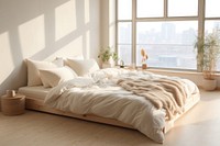 A beige japandi bed furniture cushion indoors.