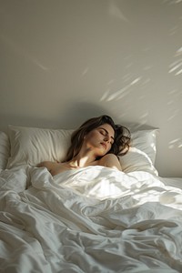 Woman in back sleep in a bed with white blanket furniture person female.