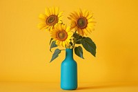 3 bloming sunflowers in a blue minimal vase pottery blossom plant.