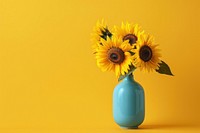 3 bloming sunflowers in a blue minimal vase pottery blossom plant.