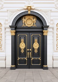 Front the door black-gold color style isolated architecture building housing.