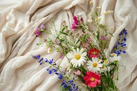 A bouquet of wild flowers on a beige cotton blanket asteraceae blossom anemone.