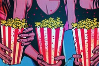 Friends holding popcorn art publication graphics.