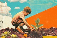 Retro collage of boy planting gardening outdoors gardener.