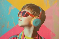 Retro collage of boy wearing headphone accessories photography electronics.
