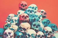 Retro collage of mountain of skulls accessories photography sunglasses.
