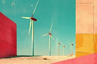 Retro collage of wind turbine farm outdoors windmill machine.