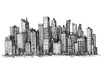 Ink drawing cityscape illustrated sketch person.
