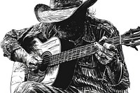 Ink drawing person holding guitar hat recreation guitarist.