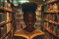Black girl Students library reading book.