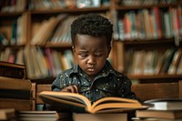 Black little boy Students reading library book.