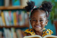 Happy Black little girl Students portrait reading library.